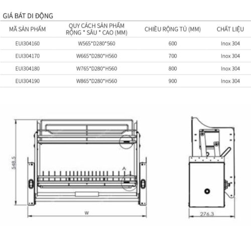 Giá bát di động Eurogold EUT9160 5 Kích thước giá bát di động Eurogold EUI304160