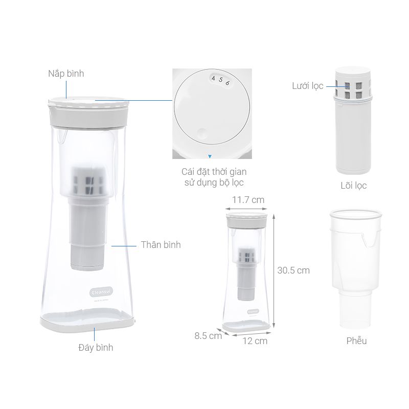 Bình lọc nước cầm tay Cleansui EJ102 5 Kích thước bình lọc nước cầm tay Cleansui EJ102