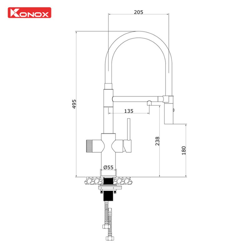 Vòi rửa bát nóng lạnh Konox Combi Chrome có dây rút 4 Kích thước vòi rửa bát nóng lạnh Konox Combi Chrome có dây rút