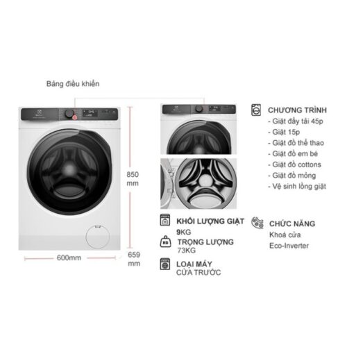 Kích thước máy Giặt Electrolux Inverter 9 Kg EWF9023P5WC cửa trước
