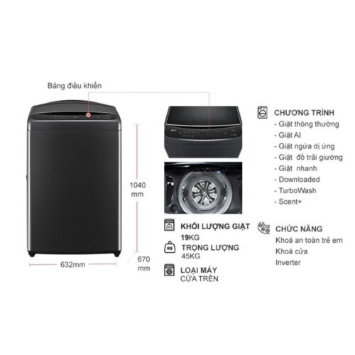Kích thước máy Giặt LG Inverter 19 Kg TV2519SV7J cửa trên