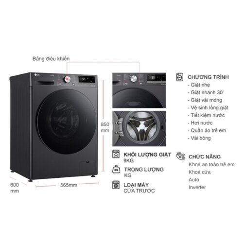 Kích thước máy Giặt LG Inverter 9 Kg FV1409S4M cửa trước
