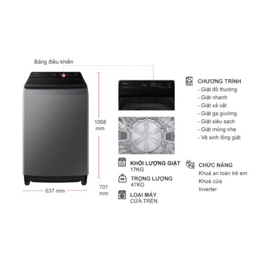Kích thước máy Giặt Samsung Ecobubble Inverter 17 kg WA17CG6442BDSV cửa trên