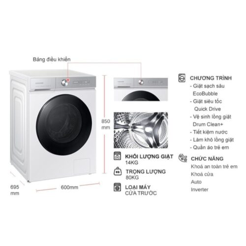 Kích thước máy Giặt Samsung Inverter 14 kg WW14BB944DGHSV cửa trước