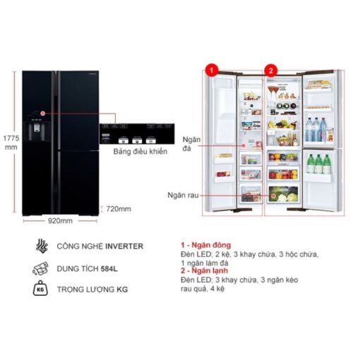 Kích thước tủ Lạnh 3 cánh side by side Inverter 584 Lít Hitachi R-FM800GPGV2 GBK