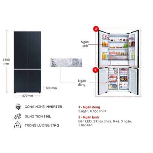 Kích thước tủ Lạnh 4 cánh Multi Door Inverter 510 Lít Panasonic NR-X561GB-VN