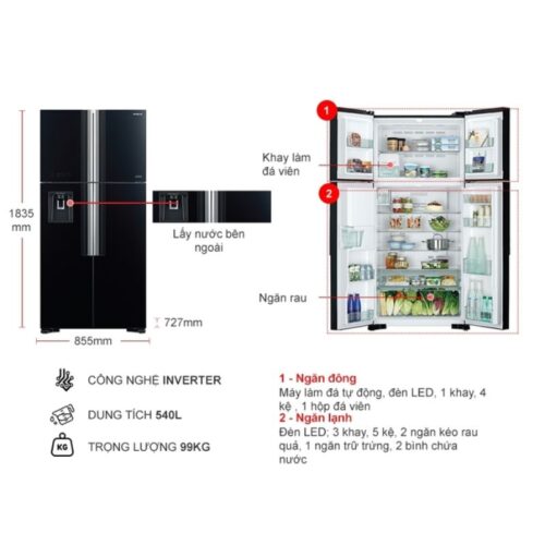 Kích thước tủ Lạnh 4 cánh Multi door Inverter 540 Lít Hitachi R-FW690PGV7X GBK