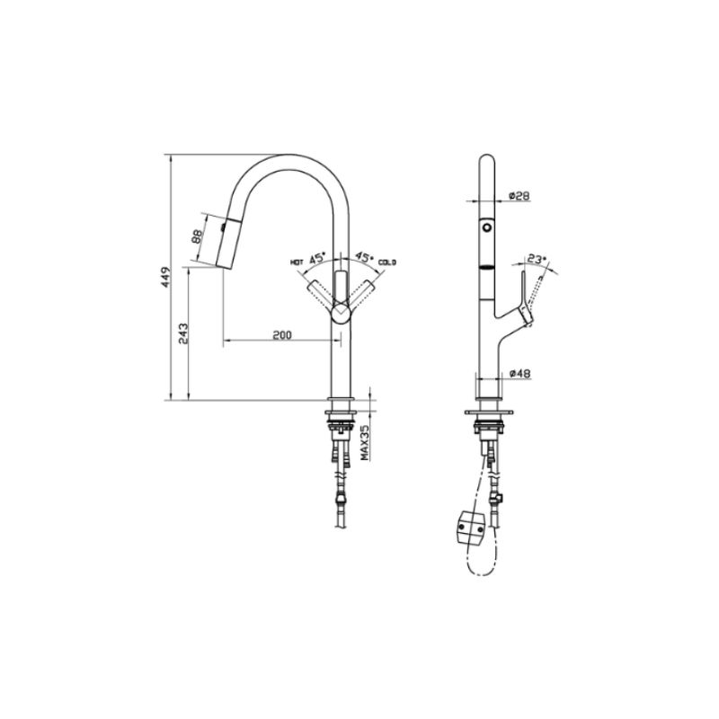 Vòi rửa bát nóng lạnh Hafele LUX-P HT25-SH1F449 570.85.045 Chrome mờ 4 Kích thước vòi rửa bát nóng lạnh Hafele LUX-P HT25-SH1F449 570.85.045 Chrome mờ