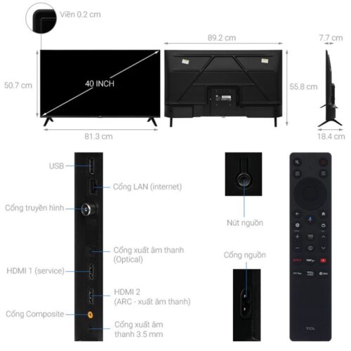 Google Tivi QLED TCL AI FHD 40 inch 40S5K 9 Kích thước Google Tivi QLED TCL AI FHD 40 inch 40S5K