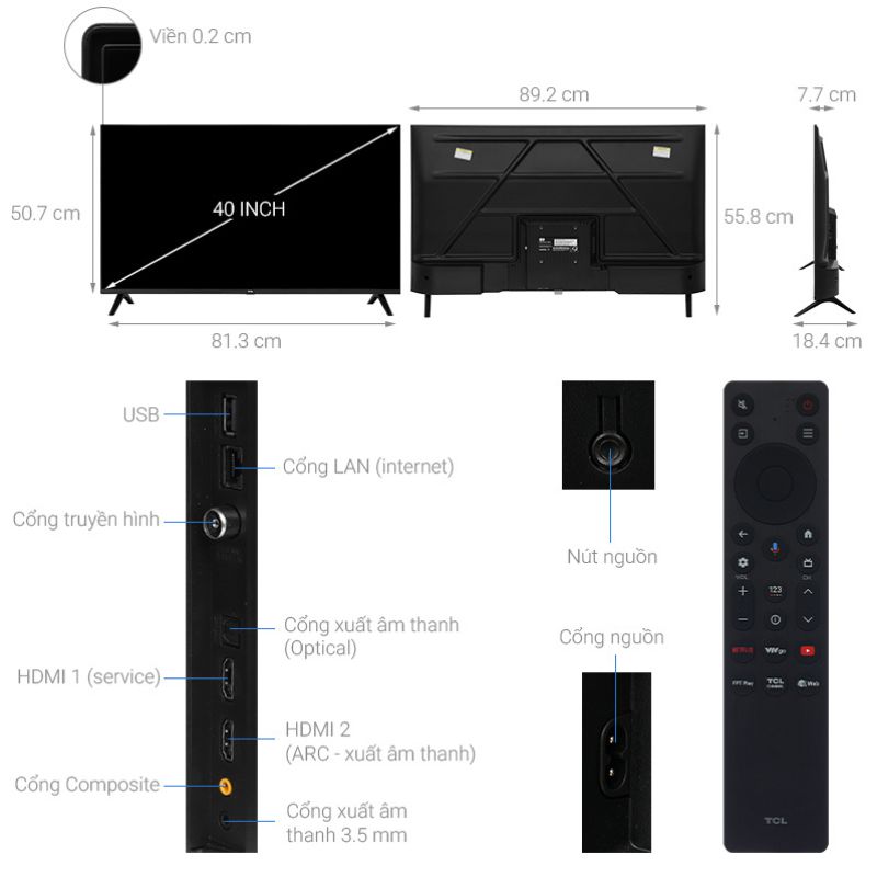Google Tivi QLED TCL AI FHD 40 inch 40S5K 6 Kích thước Google Tivi QLED TCL AI FHD 40 inch 40S5K